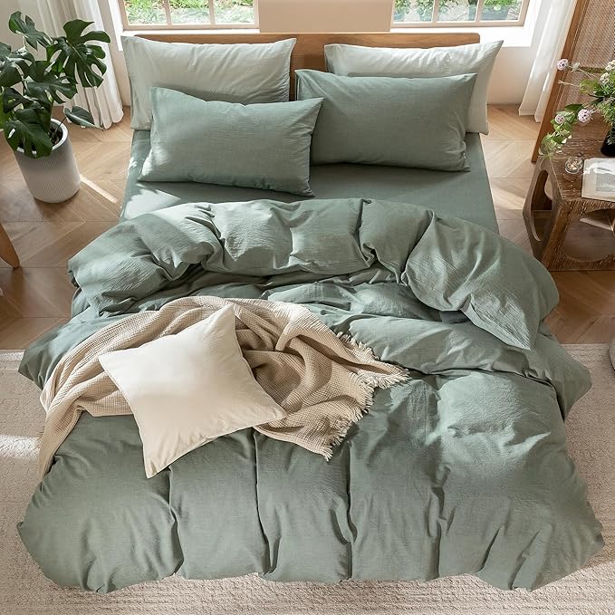 MooMee Bedding Duvet Cover Set 100% Washed Cotton Linen Like Textured Breathable Durable Soft Comfy (Heathered Green, Full 80"x90")