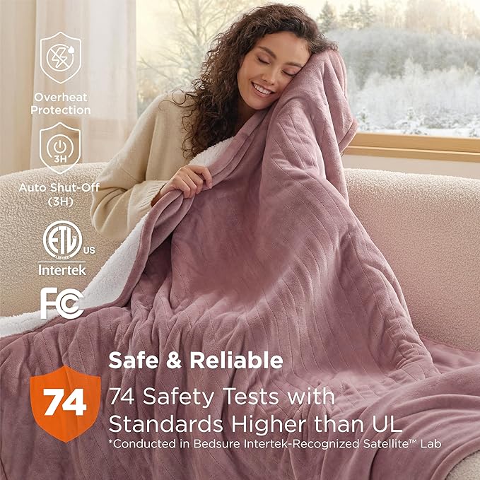 Bedsure Heated Blanket Throw Blanket - Fast Heating Electric Blanket, Soft Flannel Heated Throw with 4 Time Settings, 6 Heating Settings, Warm Gifts for Grandma (50x60 inches, Woodrose)