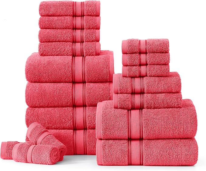 LANE LINEN Towels for Bathroom – 18 Pack, 100% Cotton, Zero Twist, 6 Bath, 6 Hand Towel & 6 Wash Cloths, Highly Absorbent, Luxury Hotel & Spa Quality, Machine Washable – Honeysuckle