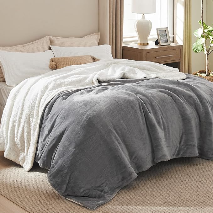 Bedsure GentleSoft Sherpa Fleece Blankets King Size for Bed - Thick and Warm Throw for Women and Men, Soft Fuzzy Plush King Blanket for Winter, Grey, 108x90 Inches