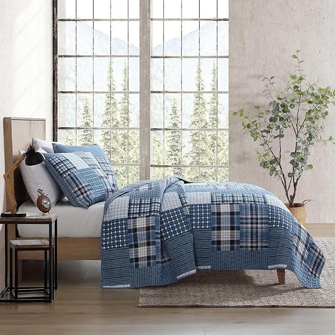Eddie Bauer - Twin Quilt Set, Reversible Cotton Bedding with Matching Sham, Patchwork Plaid Bedding Set (Hawthorne Blue, Twin)