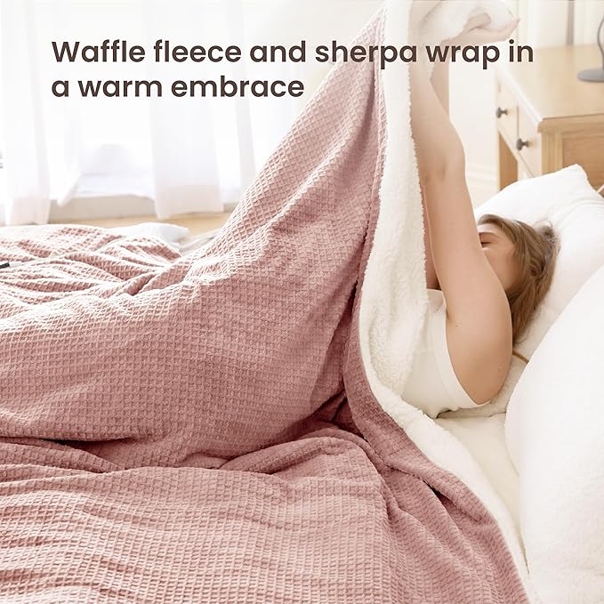 Heated Blanket Electric Blanket King Waffle, 90x100 Inches Dual Controllers Sherpa Fleece Fast Heating Blanket 6 Heating Levels & 10 Hours Auto Off ETL Certification, Pink King