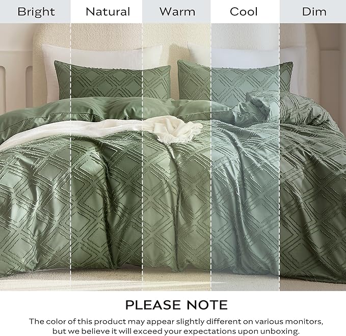 JELLYMONI Duvet Cover Queen Size Green - 3PCS Boho Duvet Cover Set Plaid Polyester Tufted Bohemian Jacquard Knit Textured Comforter Cover 90×90in Rhombic Geometric Pattern Zipper Corner Tie