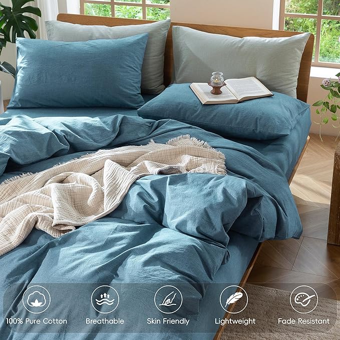 MooMee Bedding Duvet Cover Set 100% Washed Cotton Linen Like Textured Breathable Durable Soft Comfy (Heathered Peacock Blue, Super Queen 90"x98")