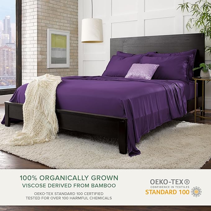 California King Sheets by Pure Bamboo, Genuine 100% Organic Viscose Derived from Bamboo Bed Sheet Set, Soft & Cooling, Double Stitching, Lifetime Quality Promise (California King, Purple)
