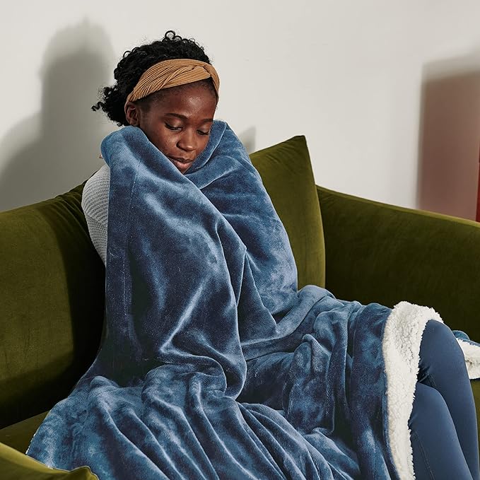 Bedsure GentleSoft Sherpa Fleece Blankets Queen Size for Bed - Thick and Warm, Soft Fuzzy Plush Queen Blanket for Winter, Slate Blue, 90x90 Inches