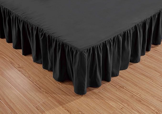 Sheets & Beyond Wrap Around Solid Microfiber Luxury Hotel Quality Fabric Bedroom Gathered Ruffled Bedding Bed Skirt 14 Inch Drop (King, Black)