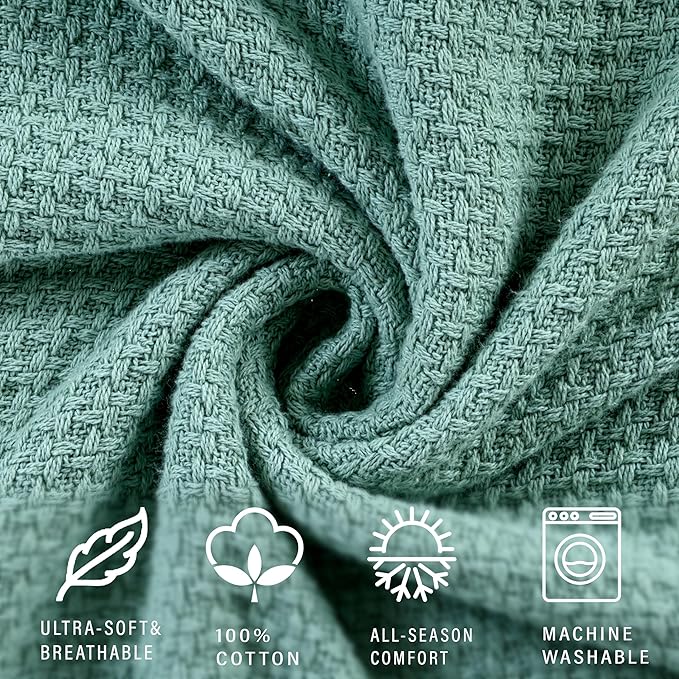HILLFAIR 100% Combed Cotton Blanket– Queen Bed Blanket– Soft Cozy Warm Multipurpose Throws for Luxury Home Decor– 90 x 90 inch Queen Size Cotton Blankets for Beds- Bed Blankets for All Season- Sage