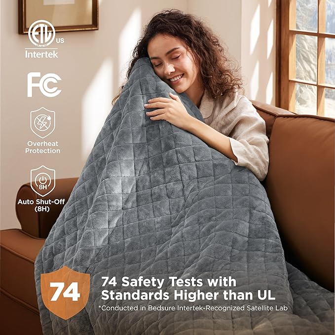 Bedsure Electric Blanket Queen Size - Dual Control Heated Weighted Blanket Queen with 10 Heat Settings, Fast Heating with 10 Time Settings (84x90 inches, Formal Gray)