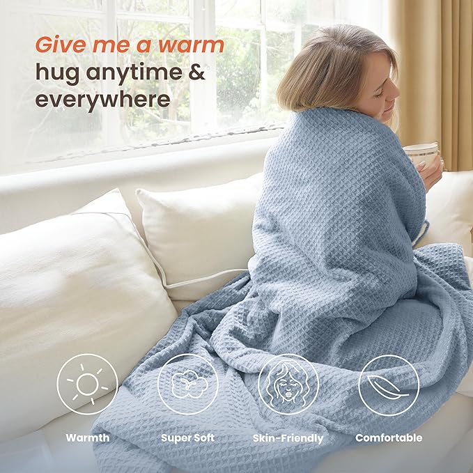 Heated Blanket Electric Blanket Twin Waffle, 62x84 Inches Sherpa Fleece Fast Heating Blanket 6 Heating Levels & 10 Hours Auto Off ETL Certification,Haze Blue Twin