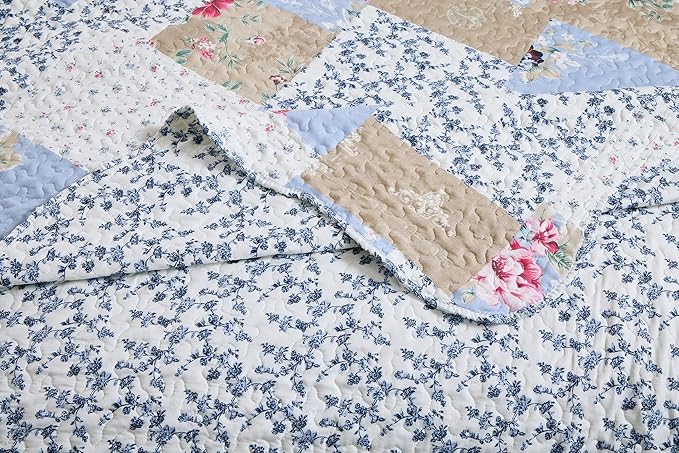Brilliant Sunshine Pink and Blue Roses Toile Quilt Set, 2-Piece Bedding Sets, Lively Patchwork Design, Washable, Reversible Bedspread, Soft Lightweight Coverlet, All-Season, Twin/Twin XL, Blue Natural