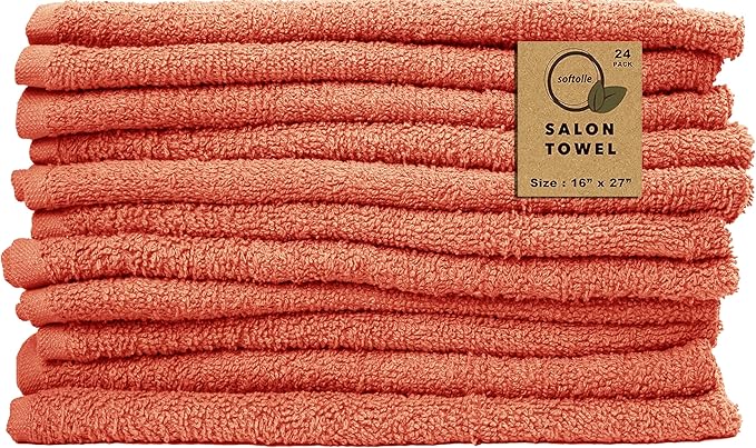 Softolle Salon Towels – Pack of 24 (16"x27") 100% Cotton Ring Spun (Not Bleach Proof) Ultra Soft, Highly Absorbent Hand Towels – Bulk for Spa, Gym & Salon (Coral)