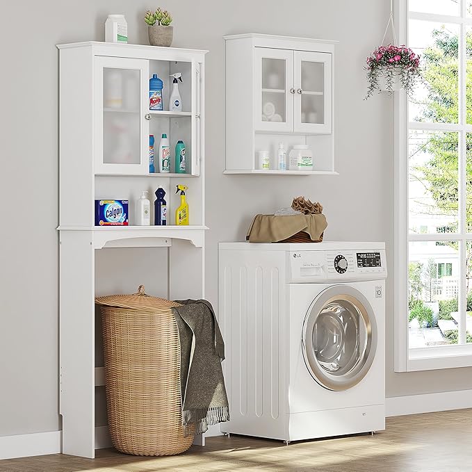 Spirich Over The Toilet Storage Cabinet, Above Toilet Storage Shelf with Glass Doors, Behind Toilet Bathroom Organizer, White