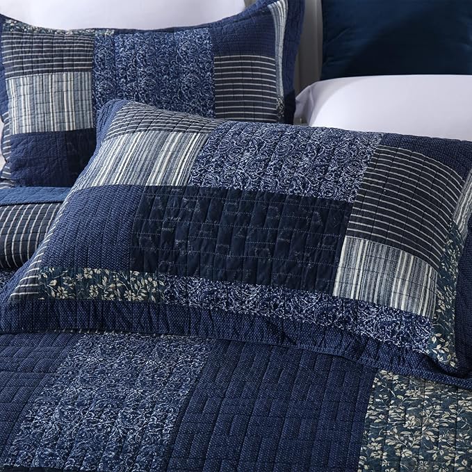 Yvooxny Quilts King Size Reversible Lightweight Bedspread 3-Piece Quilt Set Plaid Floral Patchwork 100% Cotton King Quilt Set Bedding Set with Pillow Shams for All Seasons, Azure Blue, 98x106''