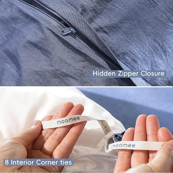 MooMee Bedding Duvet Cover Set 100% Washed Cotton Linen Like Textured Breathable Durable Soft Comfy (Heathered Blue, King 104"x90")