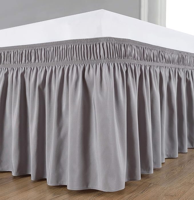 Biscaynebay Wrap Around Bed Skirts for Queen Beds Extra Long Drop of 25", Silver Grey Adjustable Elastic Dust Ruffles Easy Fit Wrinkle Resistant Silky Luxurious Fabric Machine Washable