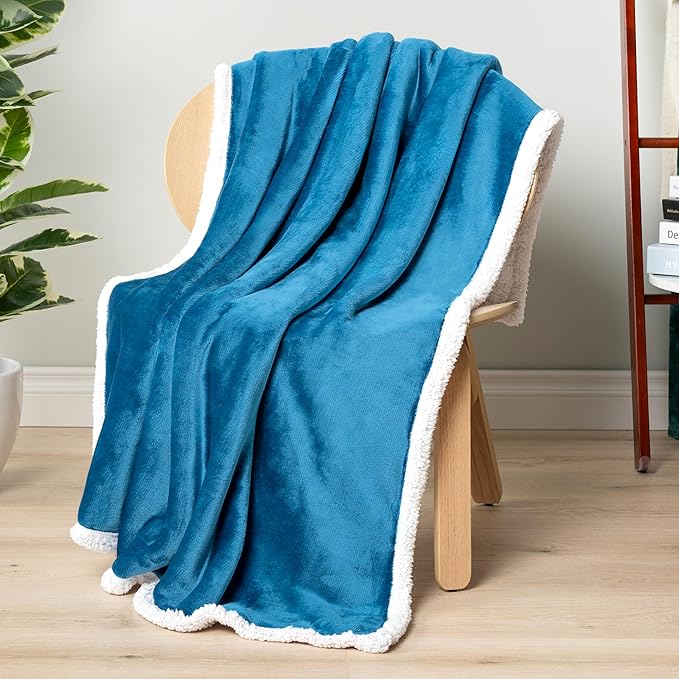 PAVILIA Sherpa Fleece Throw Blanket for Couch, Twin Size, Teal Blue, Plush Soft Fuzzy Sofa Blanket, Cozy Reversible Winter Throw for Women Men, 60x80 Inches