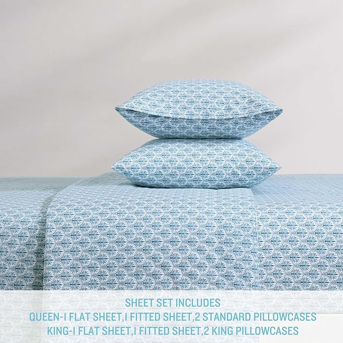 Tommy Bahama - King Sheet Set, Super Soft Cotton Percale Bedding with Matching Shams, Tropical Bedding Set, Oeko-Tex Certified (Coastal Batik Blue, King)