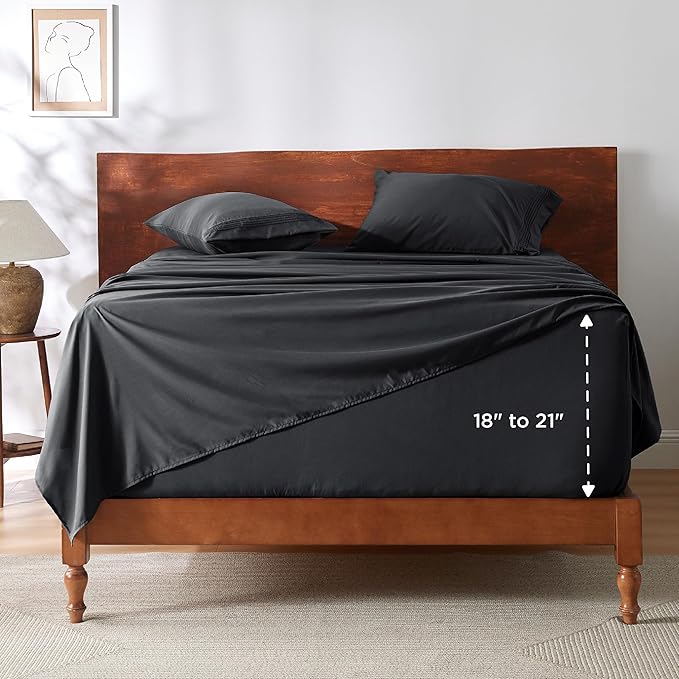 Bedsure Deep Pocket King Sheet Set - Fits Mattresses Up to 21 Inches Thick - 4 Piece GentleSoft Bed Sheets, Moisture Wicking, Soft & Cooling Bedsheet & Pillowcases, Easy & Secure Fit, Black