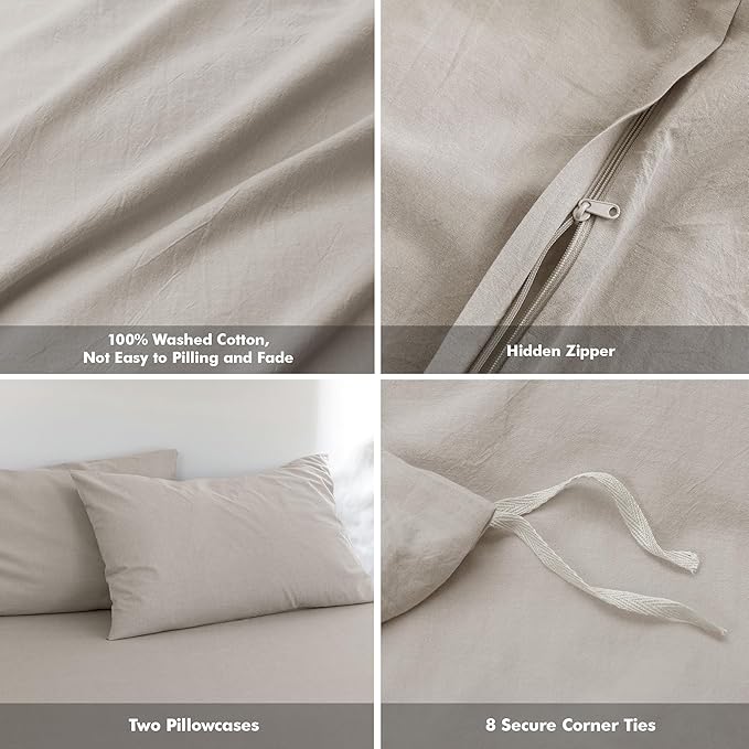 FOSSA Duvet Cover Set 100% Washed Cotton Linen Feel Super Soft Breathable Cozy 3 Pieces Bedding Sets Solid Cream Grey Oversized Queen
