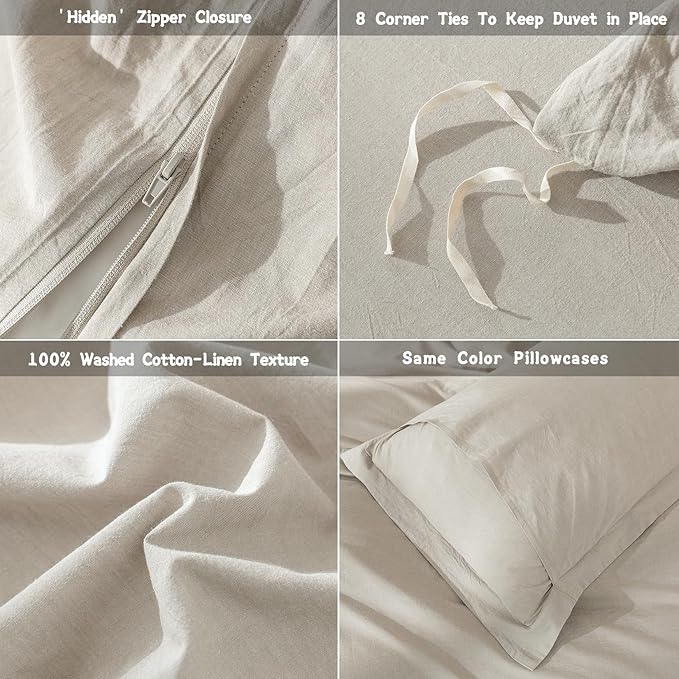 Linen Grey Duvet Cover Oversized King Size 120inch x 98inch,100% Washed Cotton Duvet Cover with Zipper Closure and 2 Pillowcases, Color of New Nature Linen