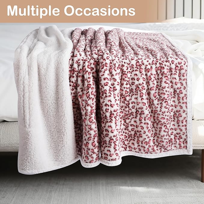 Electric Heated Blanket Full Size 72×84, 10H Auto Off & 6 Heating Settings Fluffy Ultra Soft Warmth Lightweight Cozy Plush Sherpa Machine Washable, Fast Heating, Home Office Leopard Print Pink & White