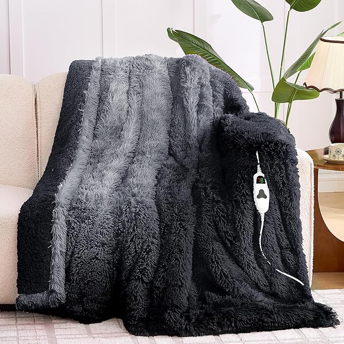 Heated Electric Blanket Throw–Faux Fur with Soft Thick Sherpa,Warm Winter Birthday Gifts for Women Grandma，10 Heat Settings,5 Time Settings with Fast Heating, 50x60, Midnight Black