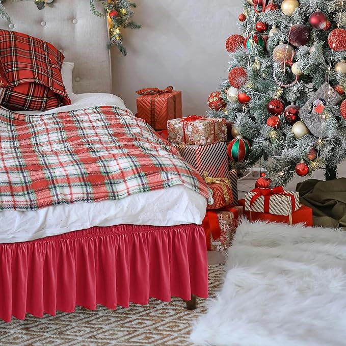 Biscaynebay Wrap Around Bed Skirts for Twin & Twin XL Beds 15" Drop, Red Adjustable Elastic Dust Ruffles Easy Fit Wrinkle & Fade Resistant Silky Luxurious Fabric Machine Washable
