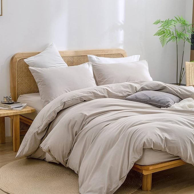 BESTOUCH Duvet Cover Set 100% Washed Cotton Linen Feel Super Soft Comfortable Chic Lightweight 3 PCs Home Bedding Set Solid Linen Grey Full/Double