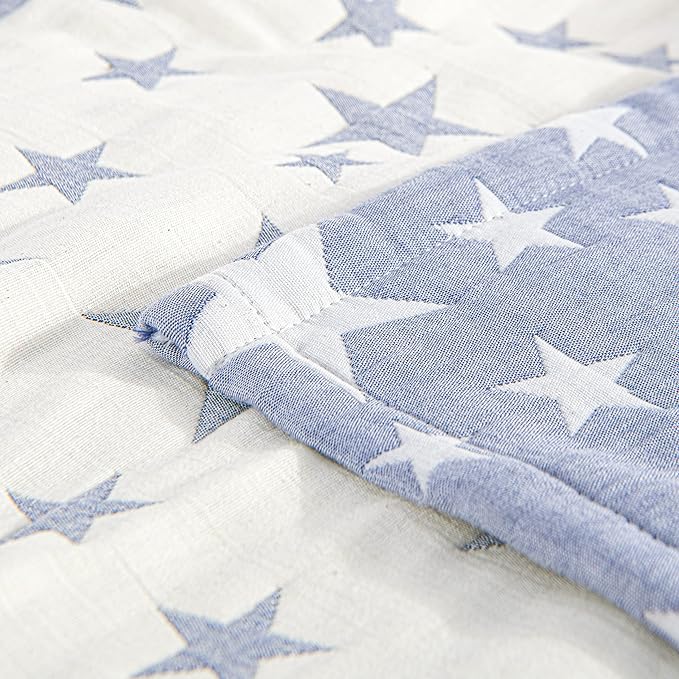 NTBAY 3 Layers Cotton Muslin 88x92 Queen Bed Blanket, Super Soft Breathable Thermal Yarn Dyed Quilt for Adults, Perfect Lightweight Blanket for Couch Sofa Bed All Seasons, Blue Stars