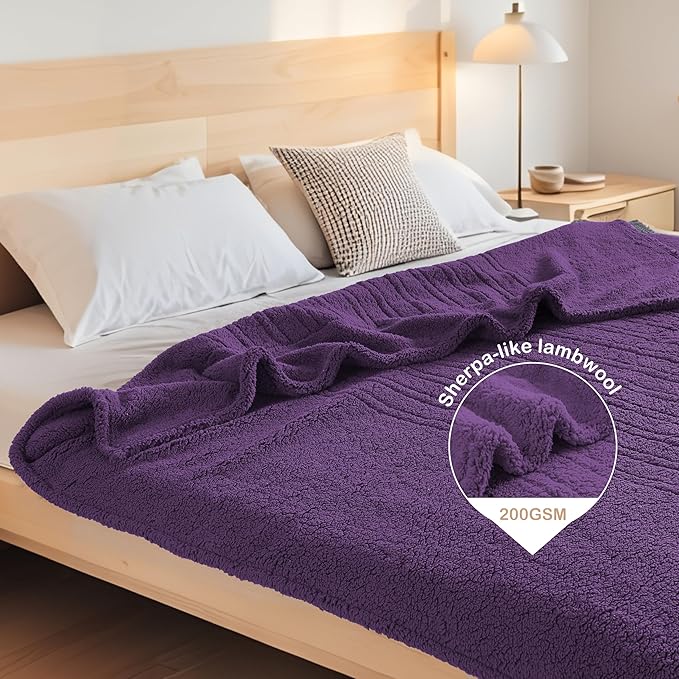 Electric Heated Blanket 6 Heating Settings & 1-10H Auto Off Twin 62×84 Double Sided Plush Sherpa Ultra-Cozy Soft Warm Thick, Machine Washable, Fast Heating, Home Office Dark Purple