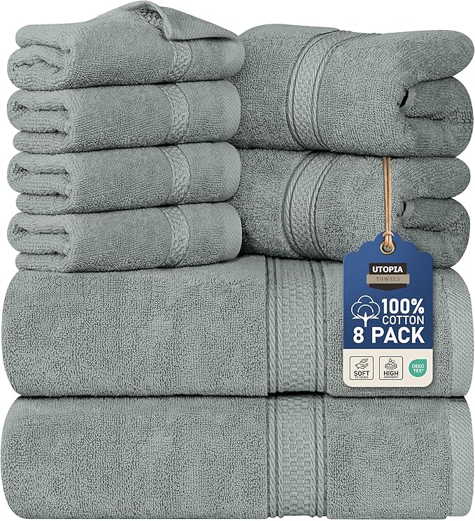 Utopia Towels 8 Piece Premium Towel Set, 2 Bath, 2 Hand, and 4 Wash Cloths, 600 GSM 100% Ring Spun Cotton, Highly Absorbent Towels for Bathroom, Gym, Hotel, and Spa, Cool Grey