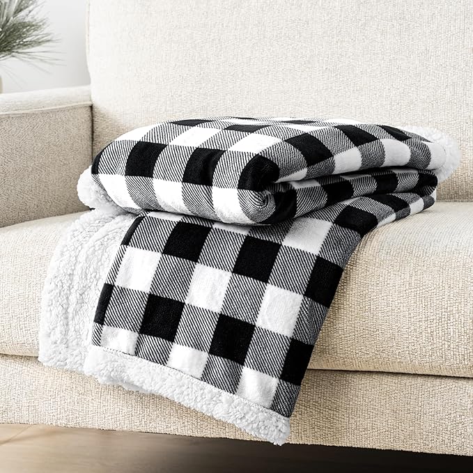 Pavilia Black White Buffalo Plaid Sherpa Bed Blanket Queen, Plush Checkered Fleece, Soft Fuzzy Flannel Large for Couch Sofa, Warm Heavy Thick Winter Gift, 90x90