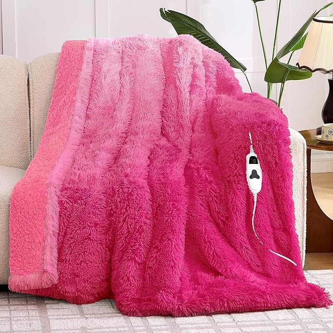 Heated Electric Blanket Throw,Warm Winter Birthday Gifts for Women Her Grandma-Faux Fur with Soft Sherpa,10 Heat Settings,5 Time Settings with Fast Heating, 50x60, Rose Red