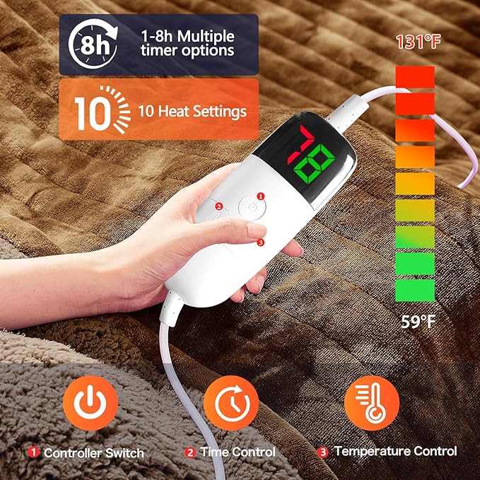 greenoak Heated Electric Blanket Throw, Faux Fur Sherpa Heating Blanket for Sofa Bed, Warm Winter Gifts for Dad/Grandma, Heater Lap Blankets 5-Position Timer &10 Heating Levels 50''*60" Brown
