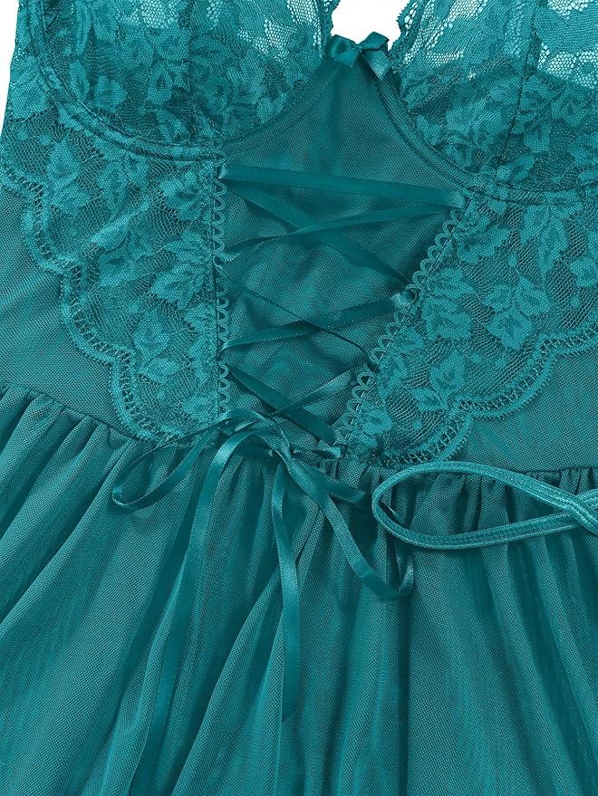Lilosy Sexy Garter Belt Mesh Lace Babydoll Lingerie Dress Set with Thong