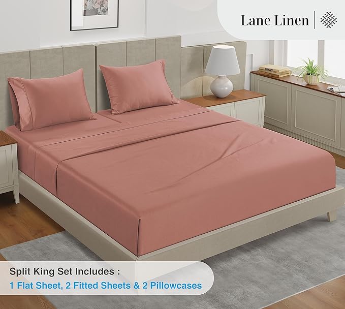 LANE LINEN Split King Bed Sheets for Adjustable Bed – 450 Thread Count Soft 100% Cotton Sheets, Breathable Sateen Weave, 15” Deep Pocket Fully Elasticized Fitted Sheet, Fade-Resistant, Rose Dawn
