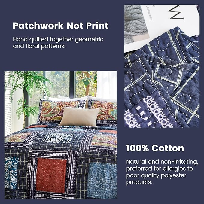 Secgo California King Quilt Size - 100% Cotton Oversized California Comforter Set Bedding Sets (120 * 110 Inch) with 2 Pillow Shams, Patchwork Reversible Lightweight Bedspread