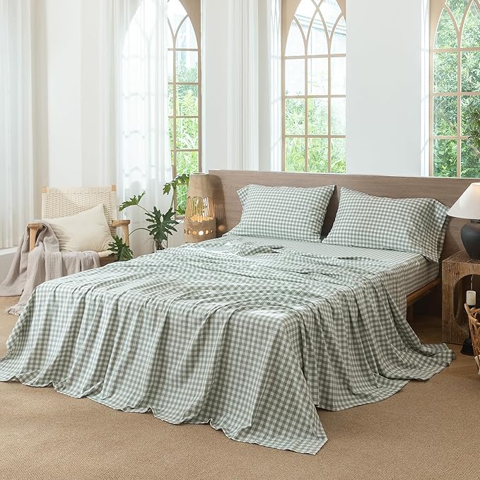 MooMee Gingham Sheet Set 100% Washed Cotton Linen Like Textured Breathable Soft w/Fully Elasticized 16-19" Deep Pocket (Classic Gingham Sage Green, Queen)