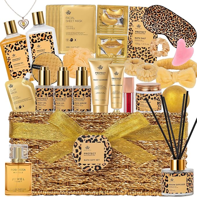 35 Pcs Christmas Gifts For Women, Honey & Almond Bath & Body Gift Basket, Face Skin Care Kit, Home Spa Gift Set, Self-Care Kit, Necklace, Bath Bomb, Birthday, Valentines, Mother Day, Anniversary