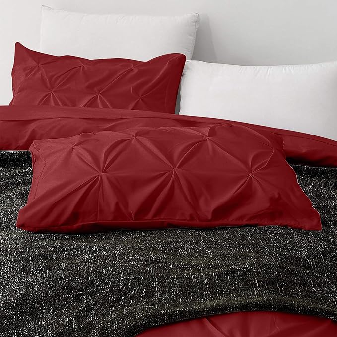 Pinch Pleated Duvet Cover Set 100% Brushed Microfiber 3PC Queen Size 90x90 Duvet Cover Set, Decorative Pinch Design Burgundy Duvet Cover with Matching Pillow Case