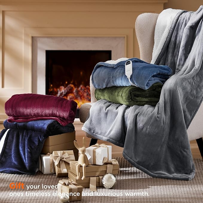 Bedsure Heated Blanket Throw Blanket - Fast Heating Electric Blanket, Soft Flannel Heated Throw with 4 Time Settings, 6 Heating Settings, Warm Gifts for Grandma & Grandpa & Seniors (50“x60”, Grey)