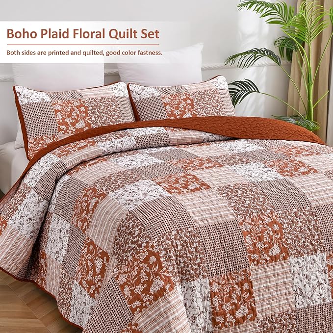 Mybedsoul Burnt Orange Quilt Set King Size, 3 Pieces Boho Plaid Terracotta Floral Bedspread Set Microfiber Lightweight Bohemian Bedding Bedspread Coverlet Set for All Season 90"x104"