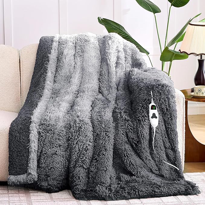 Heated Electric Blanket Throw–Faux Fur with Soft Thick Sherpa,Warm Winter Birthday Gifts for Women Grandma，10 Heat Settings,5 Time Settings with Fast Heating, 50x60, Foggy Dusk