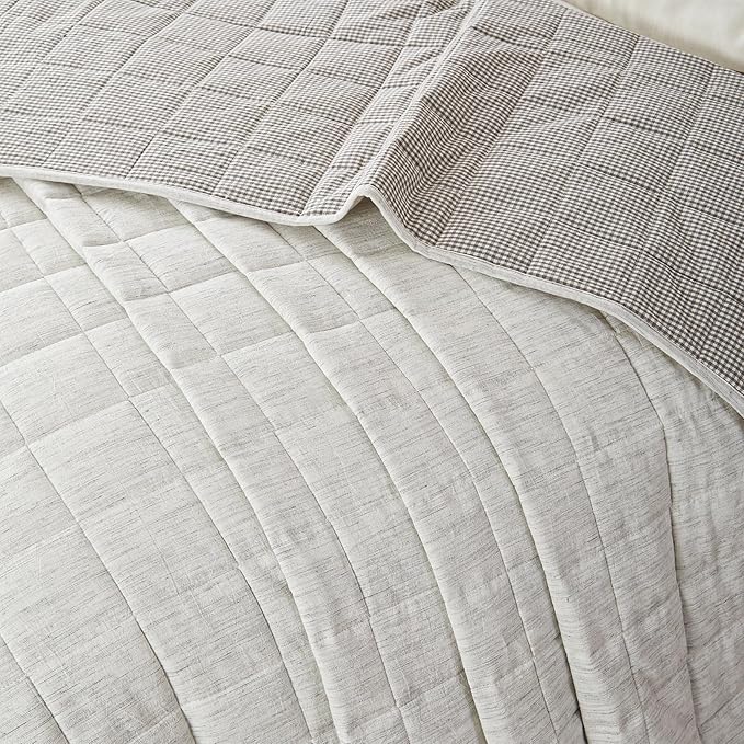 White Twin Quilt， Cotton Linen Twin Quilt Bedding Set，2-Pieces Quilted with Grey Gingham Coverlet Light Weight Bedding comforters with 1 Pillow Sham