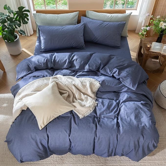 MooMee Bedding Duvet Cover Set 100% Washed Cotton Linen Like Textured Breathable Durable Soft Comfy (Heathered Blue, Super King 108"x98")