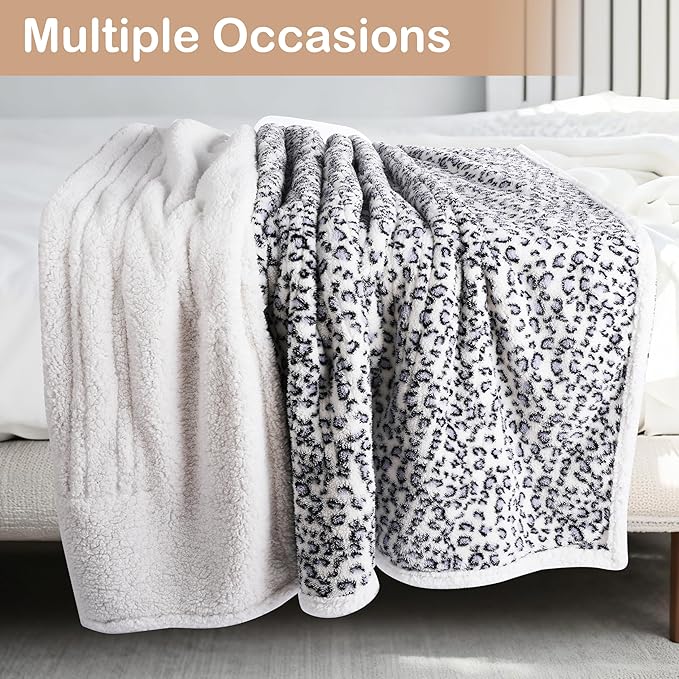 Electric Heated Blanket Full Size 72×84, 10H Auto Off & 6 Heating Settings Fluffy Ultra Soft Warmth Lightweight Cozy Plush Sherpa Machine Washable, Fast Heating, Home Office Leopard Print Blue & White