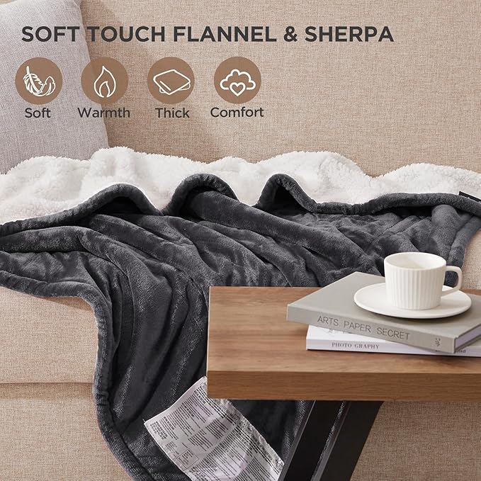 Westinghouse Heated Throw Blanket, Soft Flannel to Sherpa Electric Throw with 6 Heating Levels, 2-10 Hours Time Settings, Fast Heating, Machine Washable 50x60 Inch, Charcoal