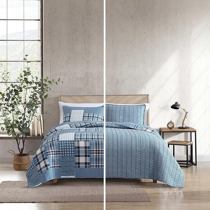 Eddie Bauer - Twin Quilt Set, Reversible Cotton Bedding with Matching Sham, Patchwork Plaid Bedding Set (Hawthorne Blue, Twin)