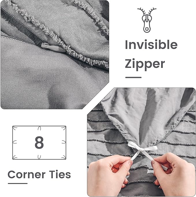 NEXHOME PRO Duvet Cover King Size, Grey 3 Pieces Boho Tufted Duvet Cover Set, Soft and Lightweight Microfiber Comforter Cover Set for All Season (Grey King, 104 x 90)-No Comforter